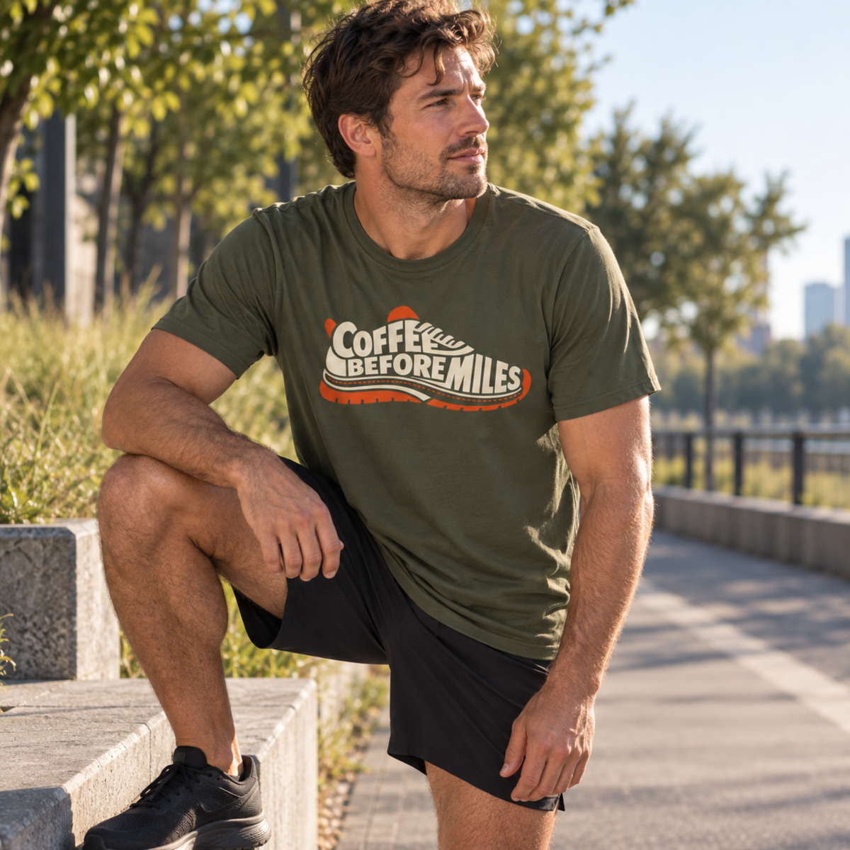 Coffee Before Miles — Runner Shoe T-Shirt