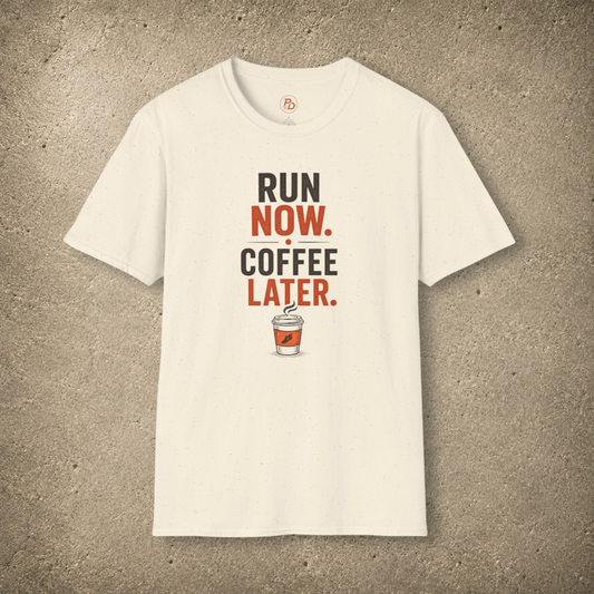 Run Now. Coffee Later. — Stacked T-Shirt