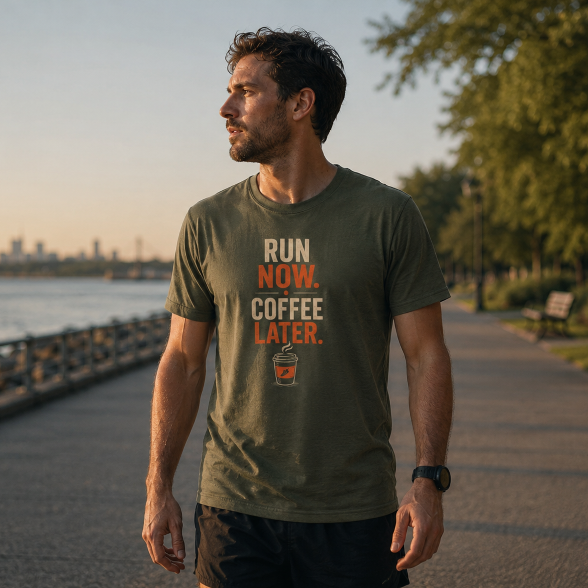 Run Now. Coffee Later. — Stacked T-Shirt