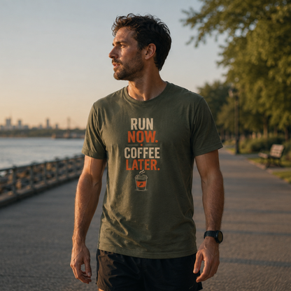 Run Now. Coffee Later. — Stacked T-Shirt