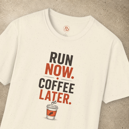 Run Now. Coffee Later. — Stacked T-Shirt